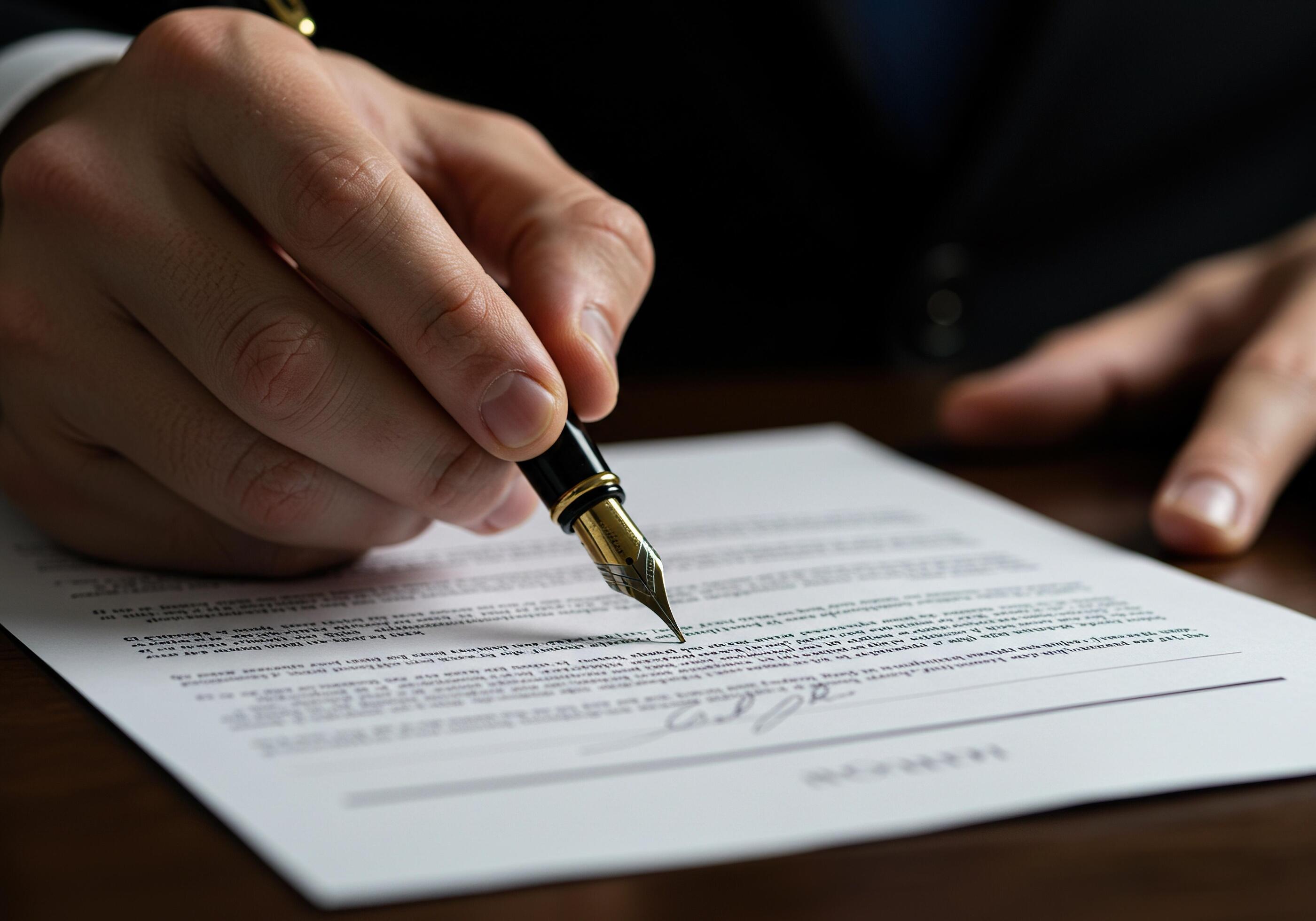 Fountain pen signing a legal insurance document sheet